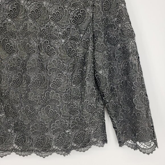 3/$25 581 Talbots Metallic Lace Top 4P Scallop Hem Cropped 3/4 Sleeves Silver - Picture 6 of 8